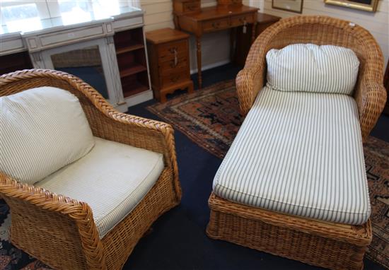 A Rattan armchair and a day bed Chaise 125cm long